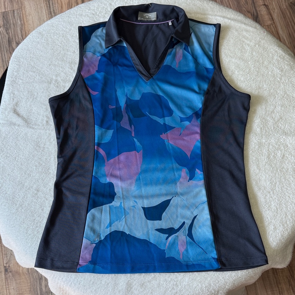 Callaway Blue & Black Floral V‑Neck Sleeveless Golf Tank